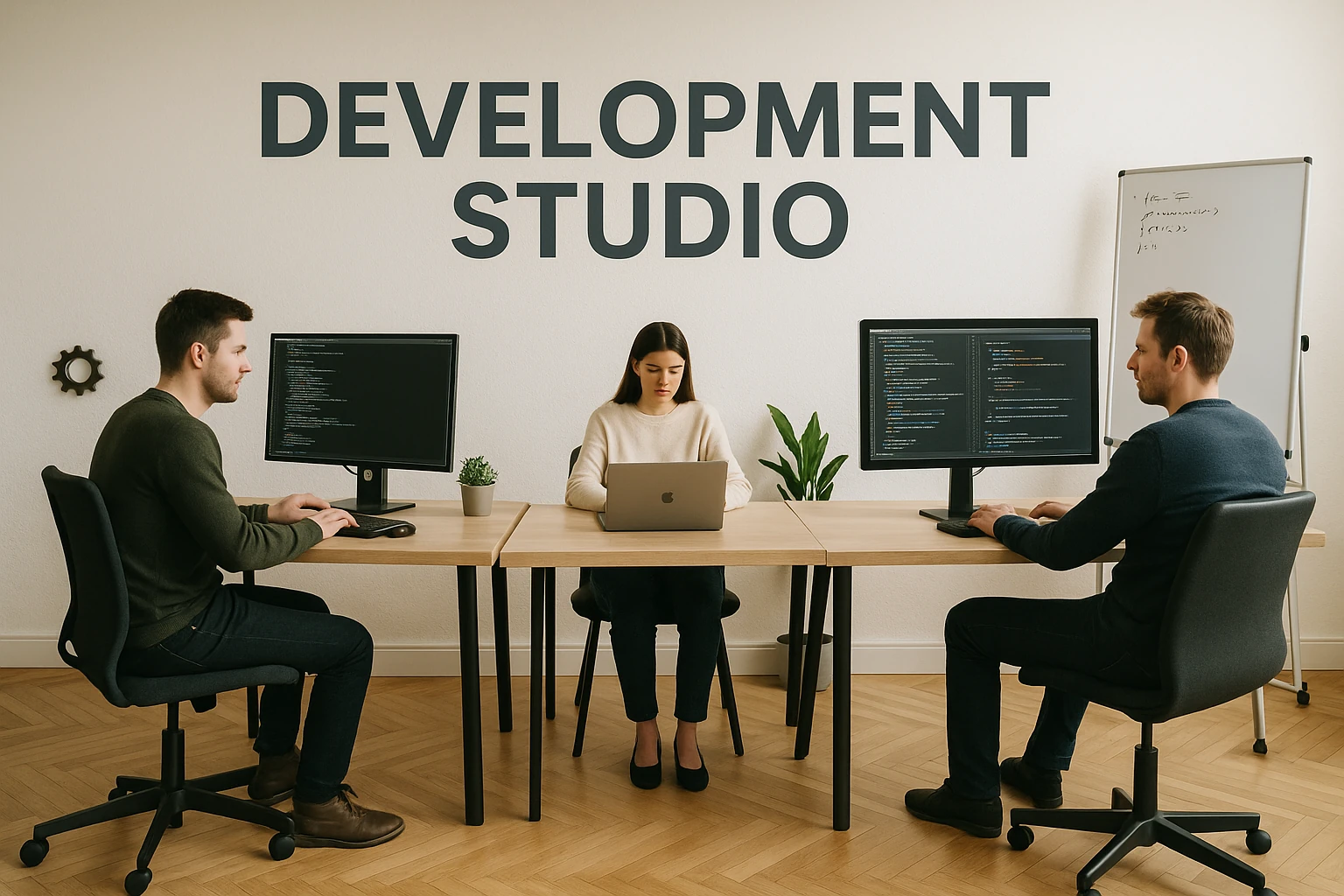 The Raquon game development team collaborating in their studio